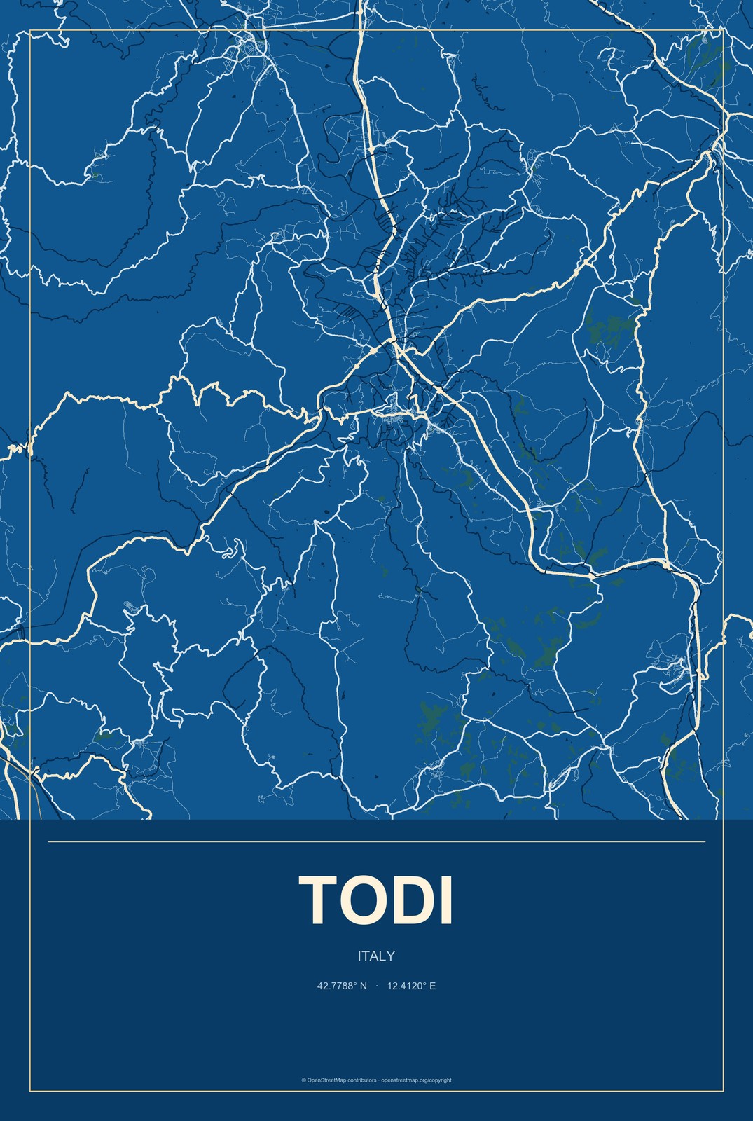 Todi, Italy City Map Aluminum Sign in Harbor Cobalt style