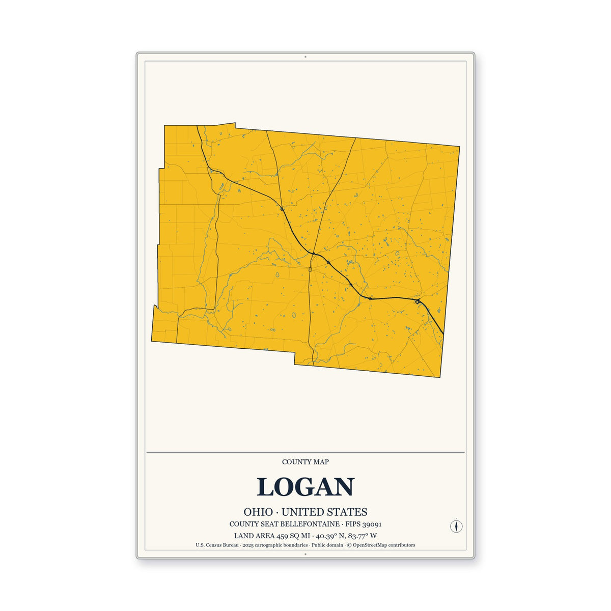 Logan County, Ohio Map Aluminum Sign in Citrine Modern style