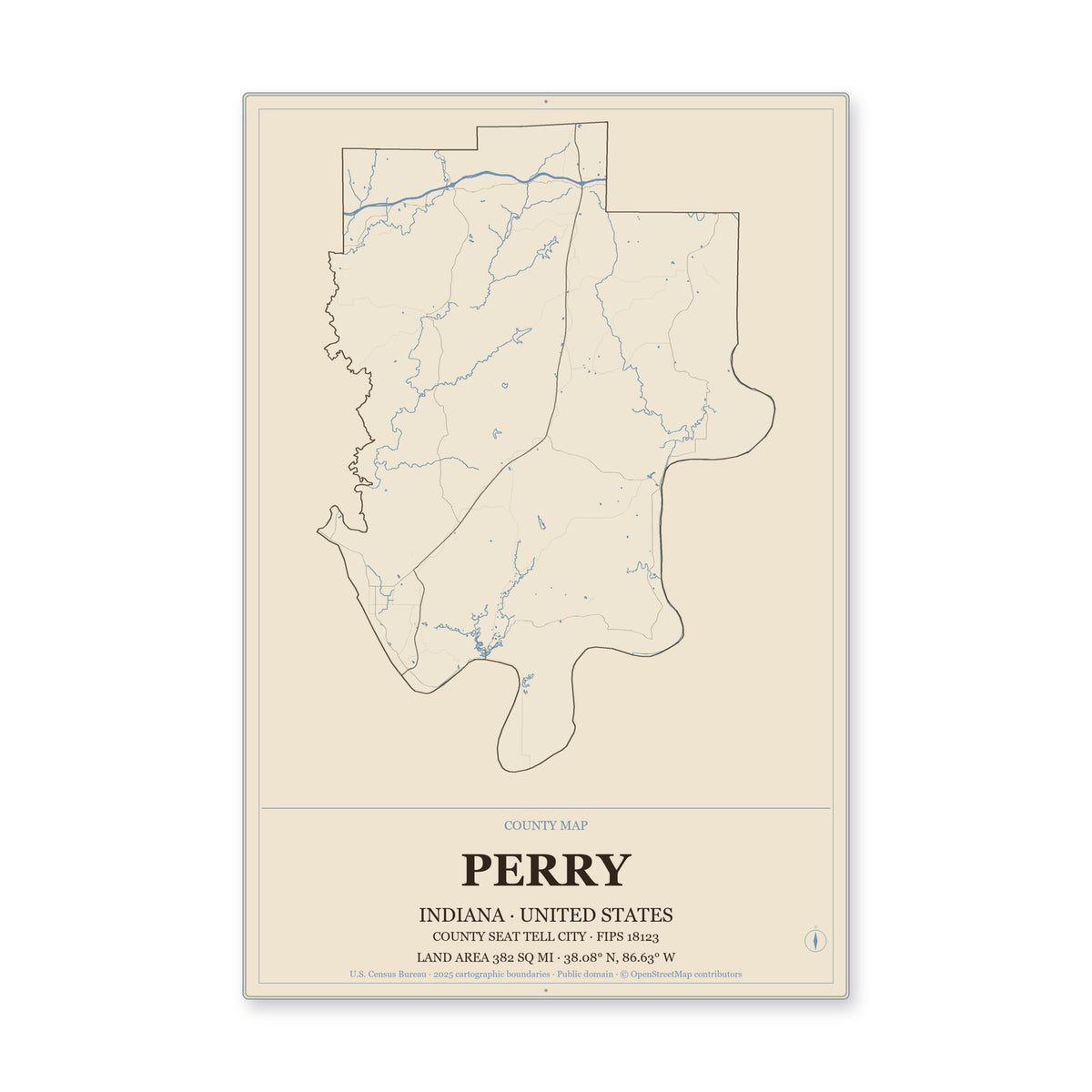 Perry County, Indiana Map Aluminum Sign in Heritage Nautical style