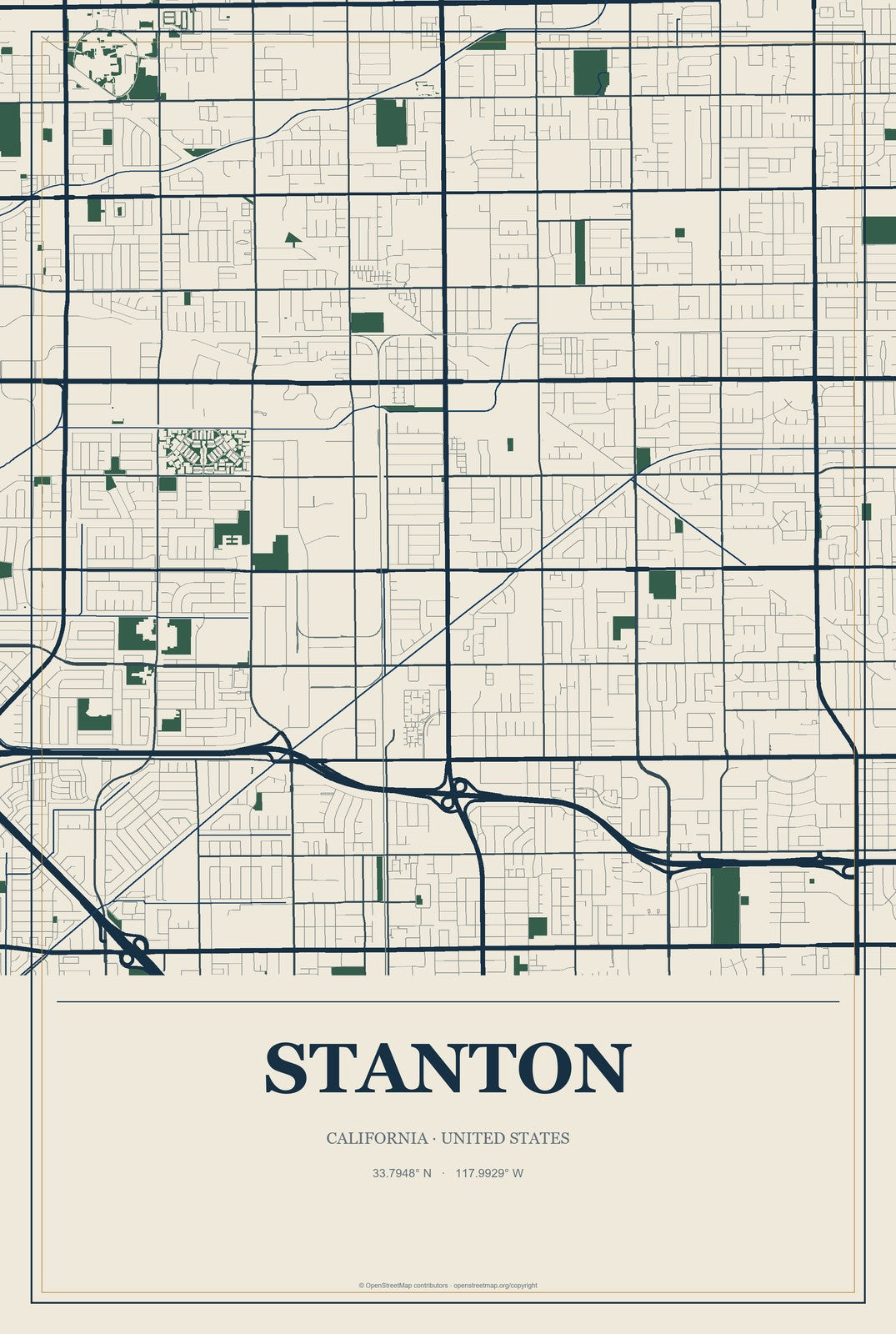 Stanton, California City Map Aluminum Sign in Coastal Cutout style