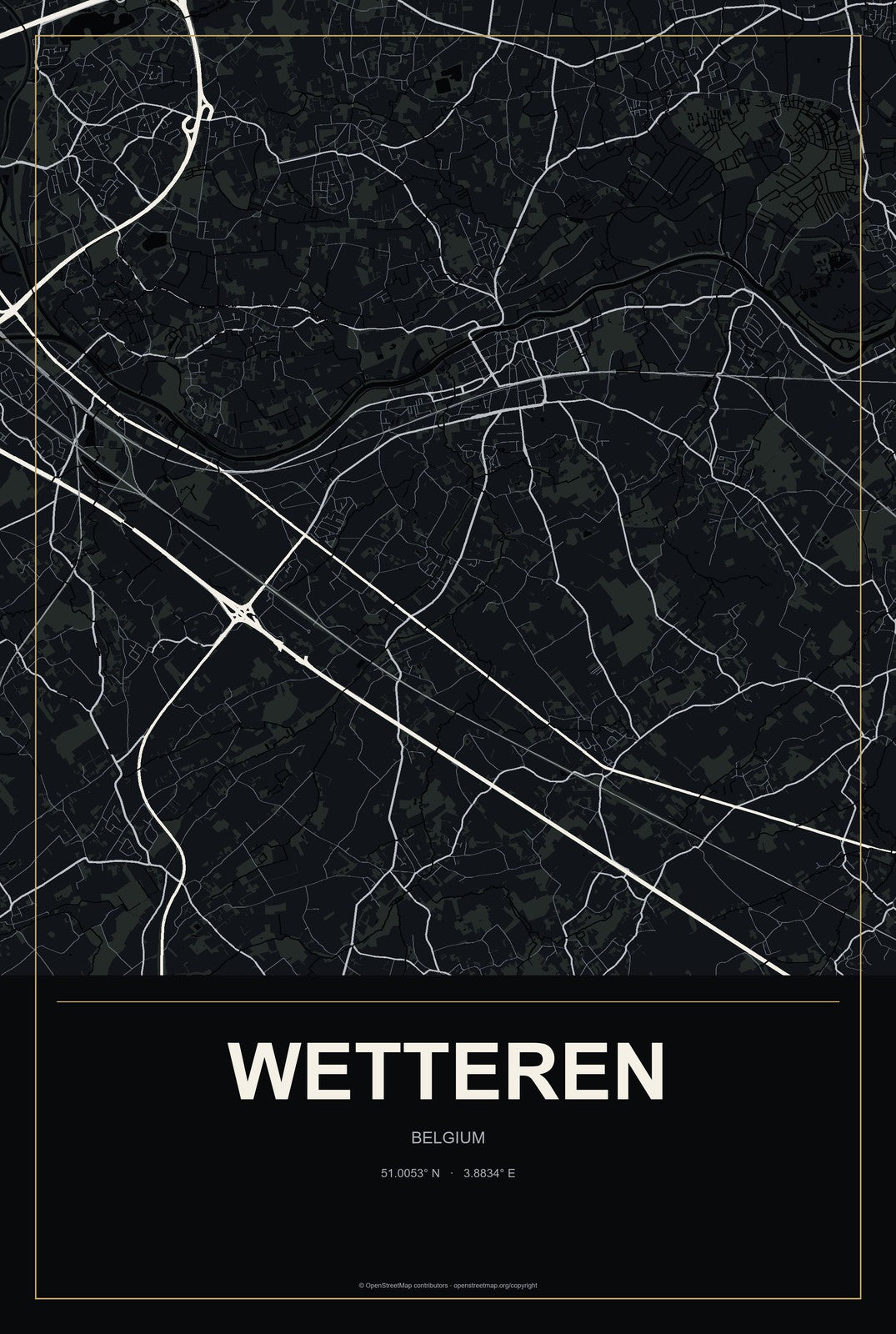 Wetteren, Belgium City Map Aluminum Sign in Metropolitan Noir style