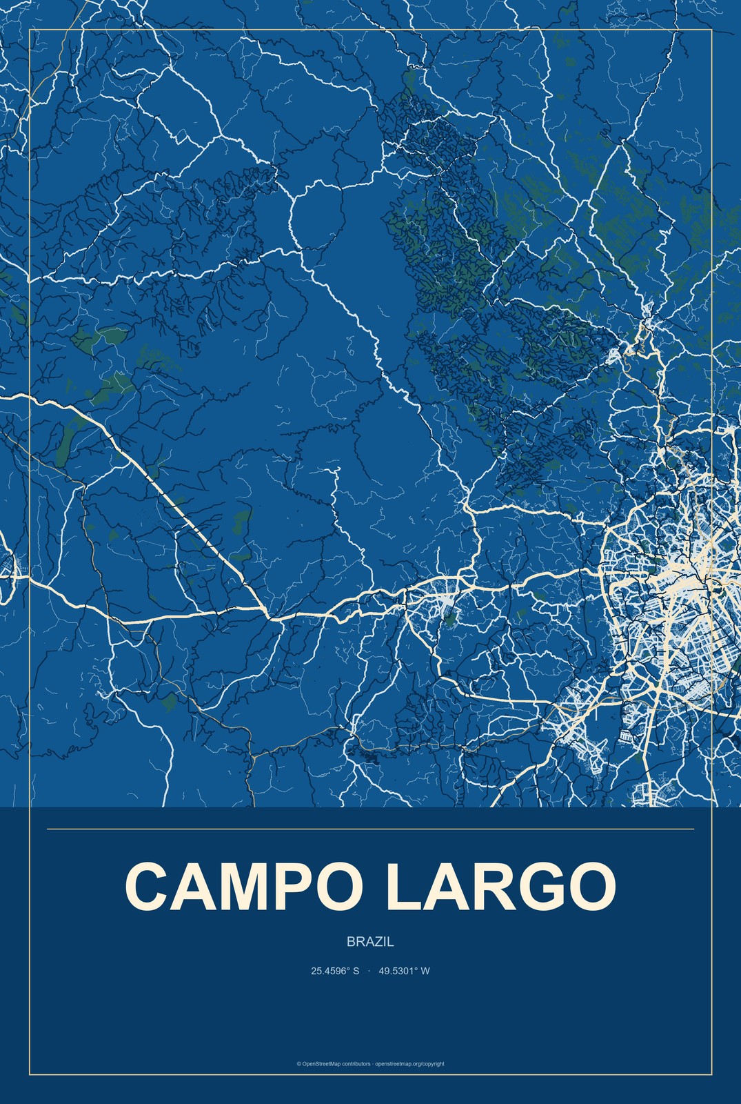 Campo Largo, Brazil City Map Aluminum Sign in Harbor Cobalt style