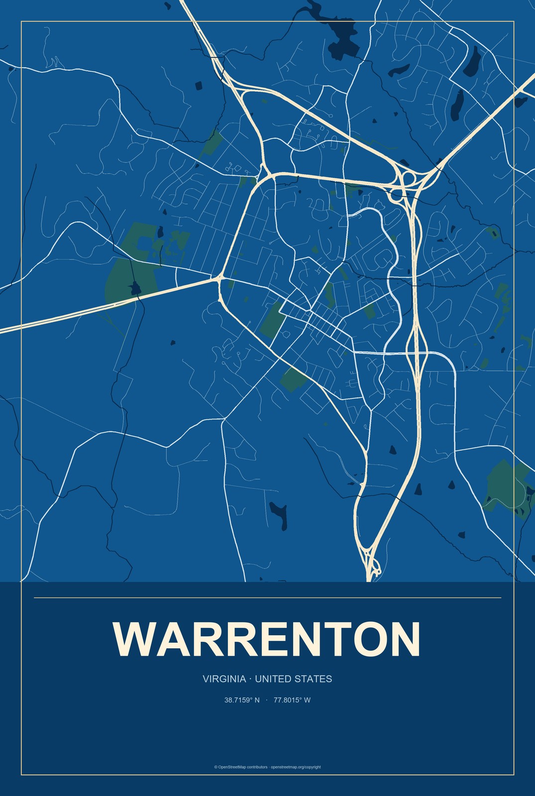 Warrenton, Virginia City Map Aluminum Sign in Harbor Cobalt style