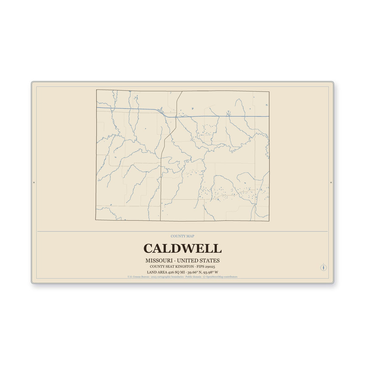 Caldwell County, Missouri Map Aluminum Sign in Heritage Nautical style
