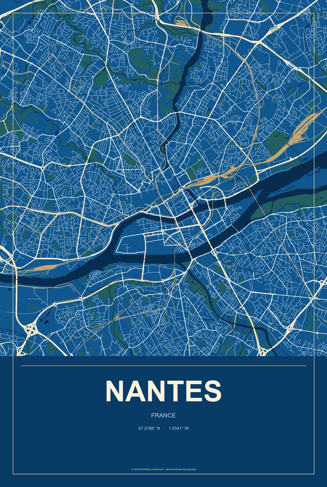 Nantes, France City Map Aluminum Sign in Harbor Cobalt style