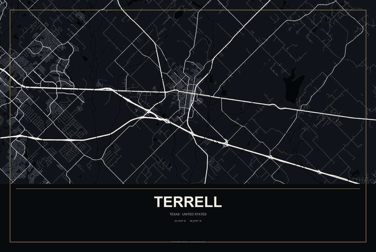 Terrell, Texas City Map Aluminum Sign in Metropolitan Noir style