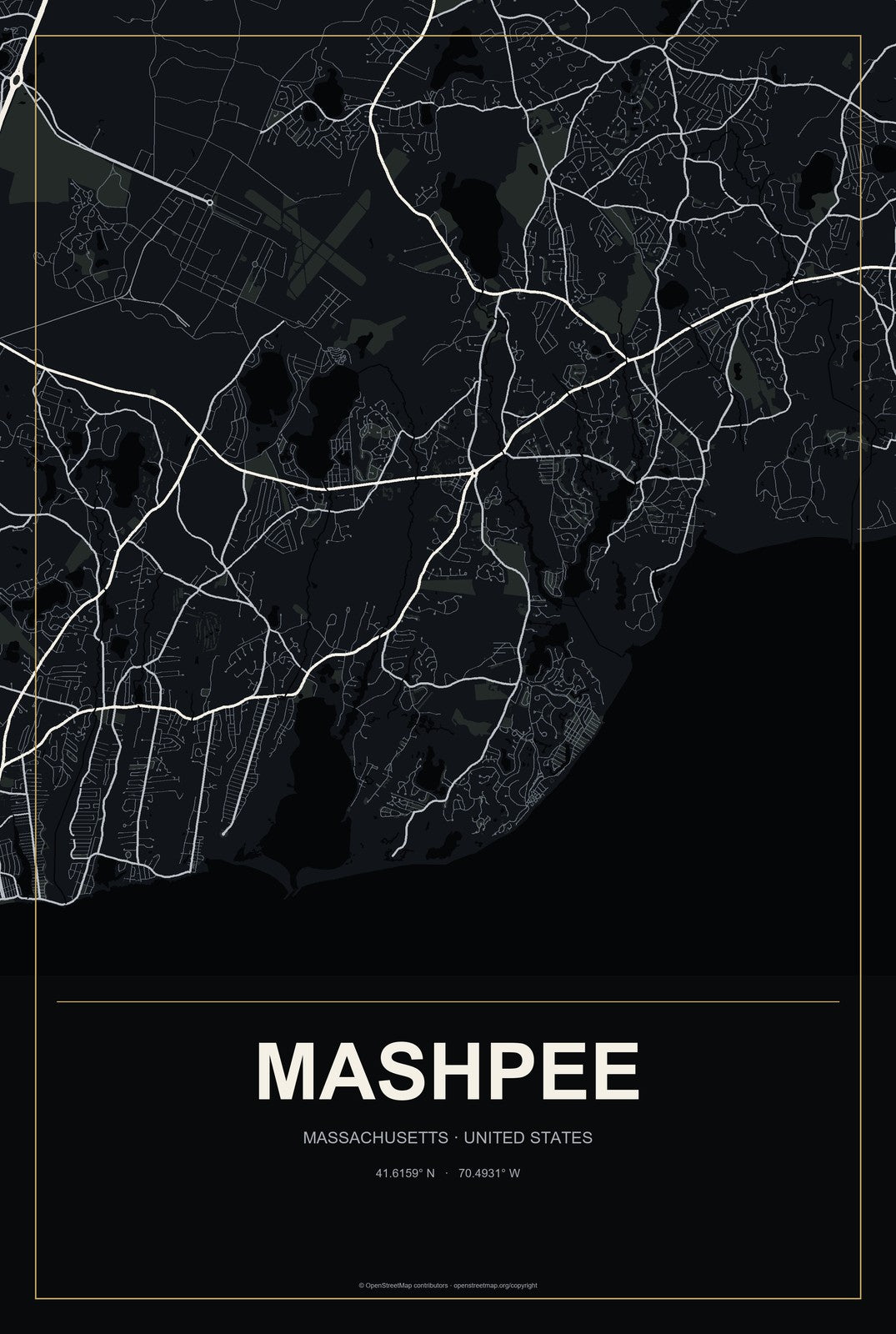 Mashpee, Massachusetts City Map Aluminum Sign in Metropolitan Noir style