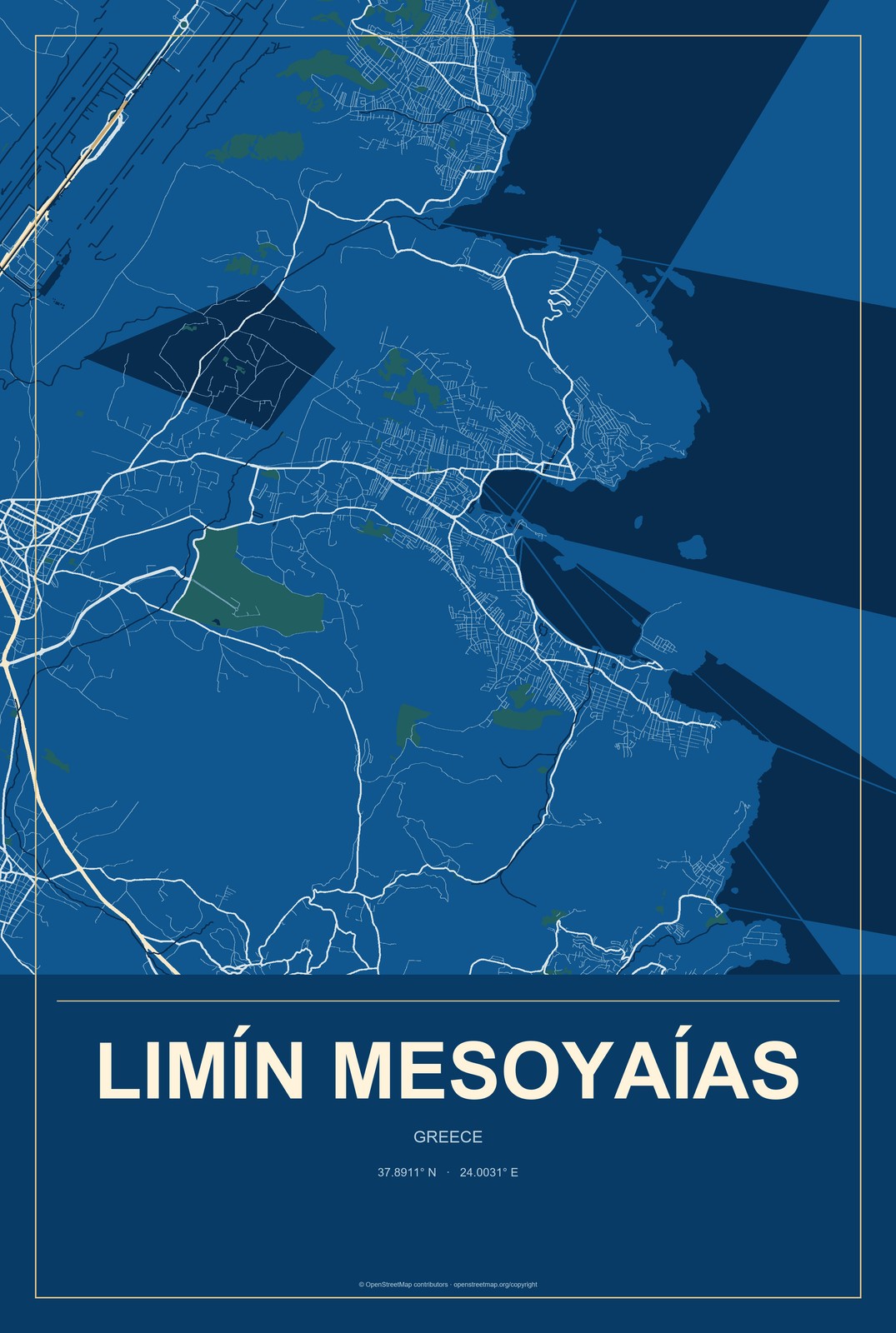 Limín Mesoyaías, Greece City Map Aluminum Sign in Harbor Cobalt style