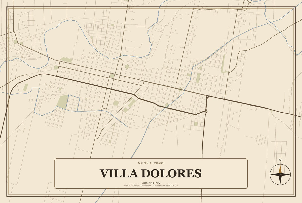 Villa Dolores, Argentina City Map Aluminum Sign in Heritage Nautical style