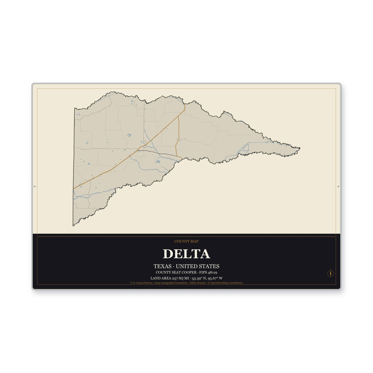 Delta County, Texas Map Aluminum Sign in Museum Plaque style
