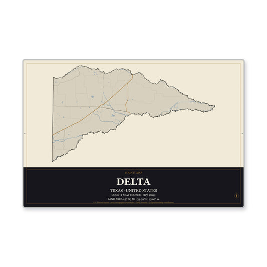 Delta County, Texas Map Aluminum Sign in Museum Plaque style