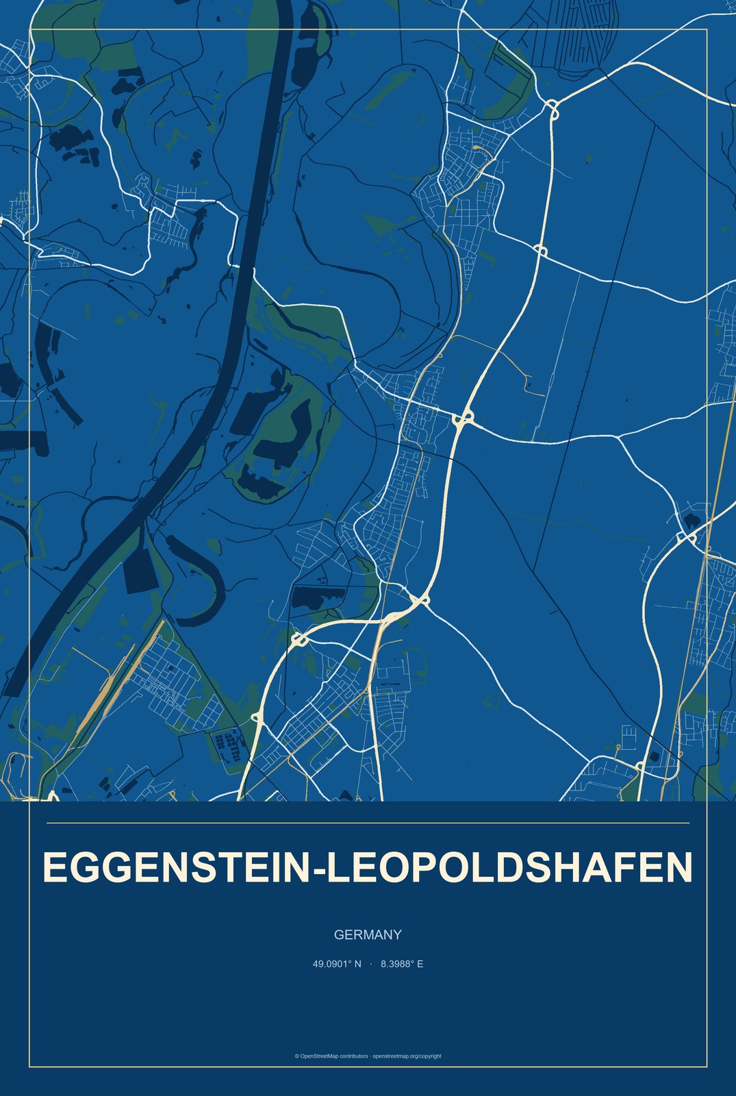Eggenstein-Leopoldshafen, Germany City Map Aluminum Sign in Harbor Cobalt style