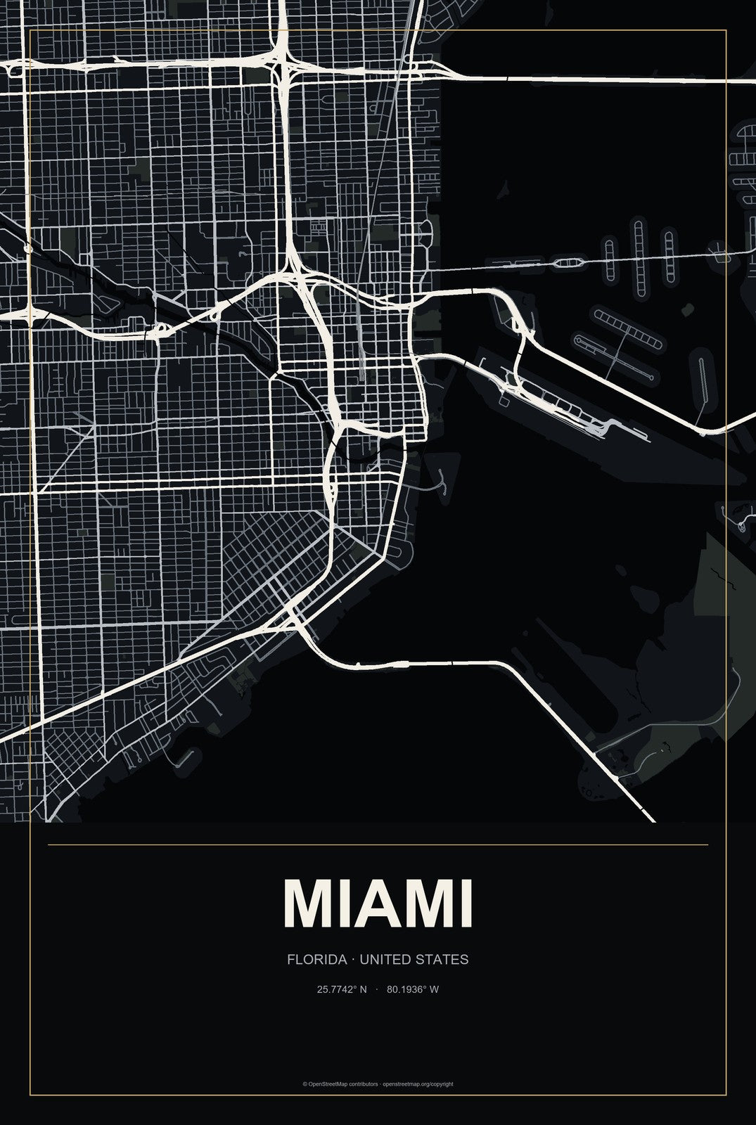 Miami, Florida City Map Aluminum Sign in Metropolitan Noir style