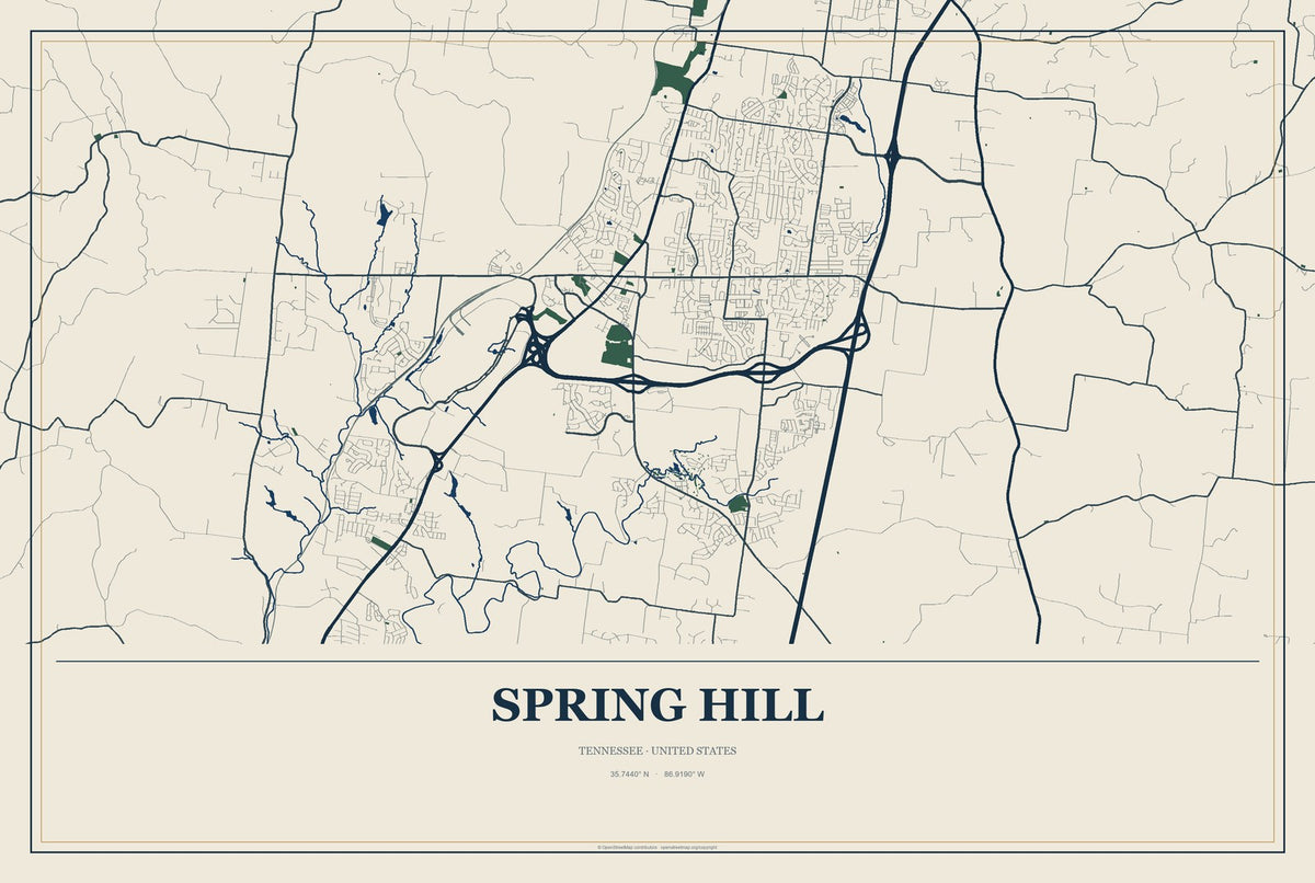 Spring Hill, Tennessee City Map Aluminum Sign in Coastal Cutout style