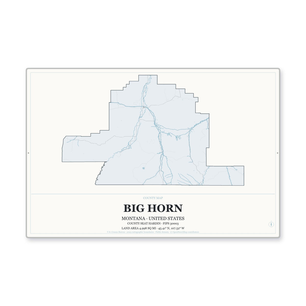 Big Horn County, Montana Map Aluminum Sign in Gallery Air style