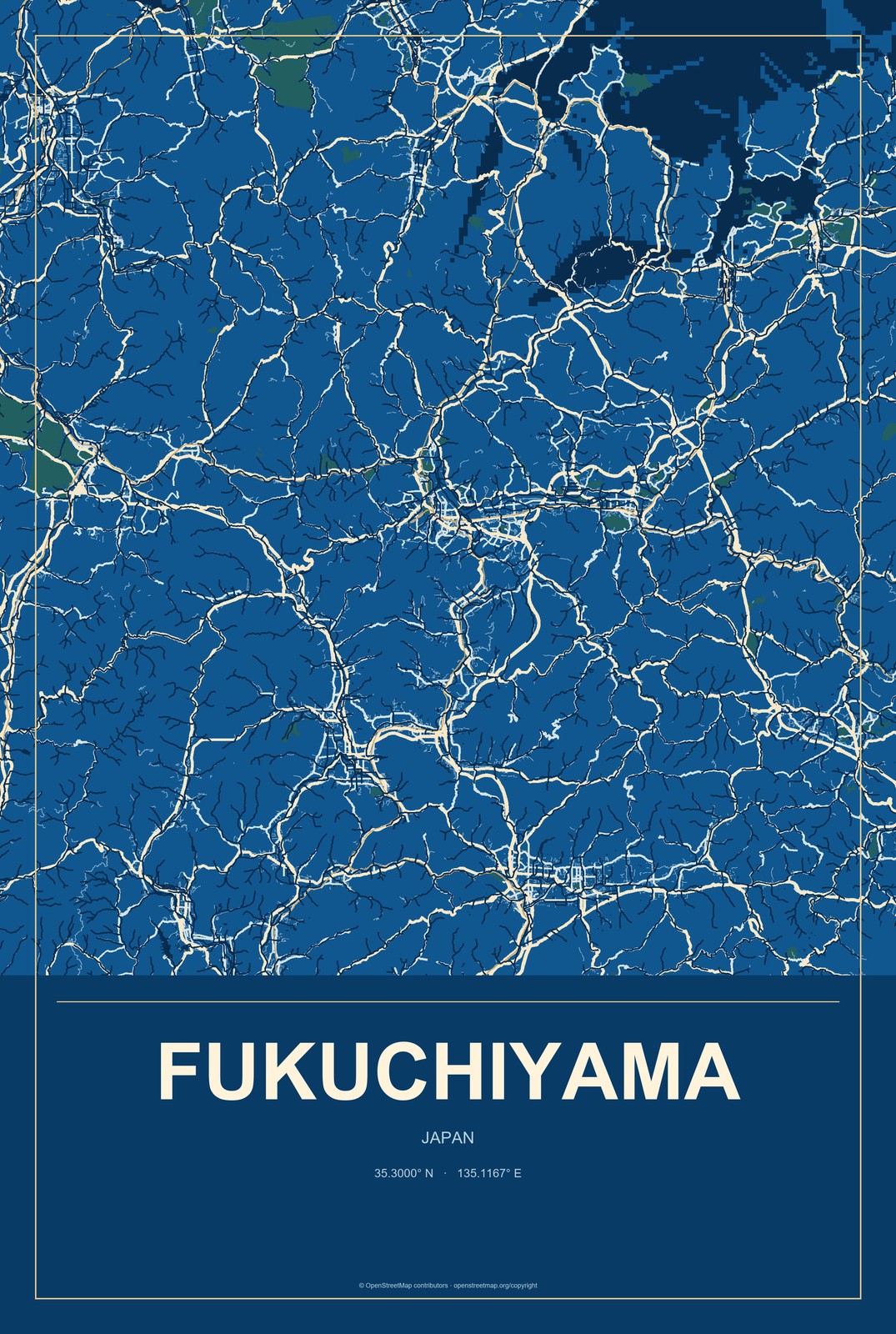 Fukuchiyama, Japan City Map Aluminum Sign in Harbor Cobalt style