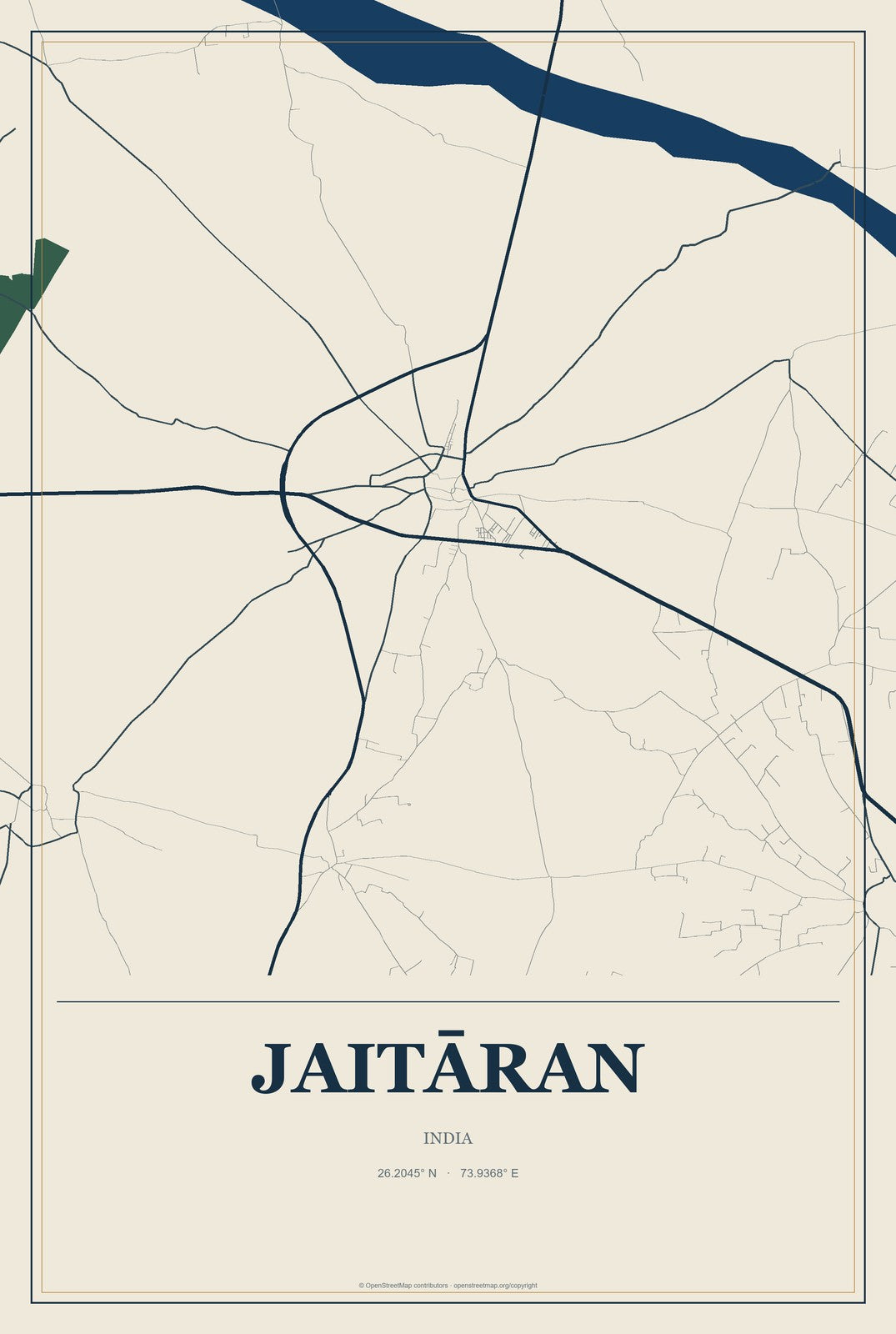 Jaitāran, India City Map Aluminum Sign in Coastal Cutout style