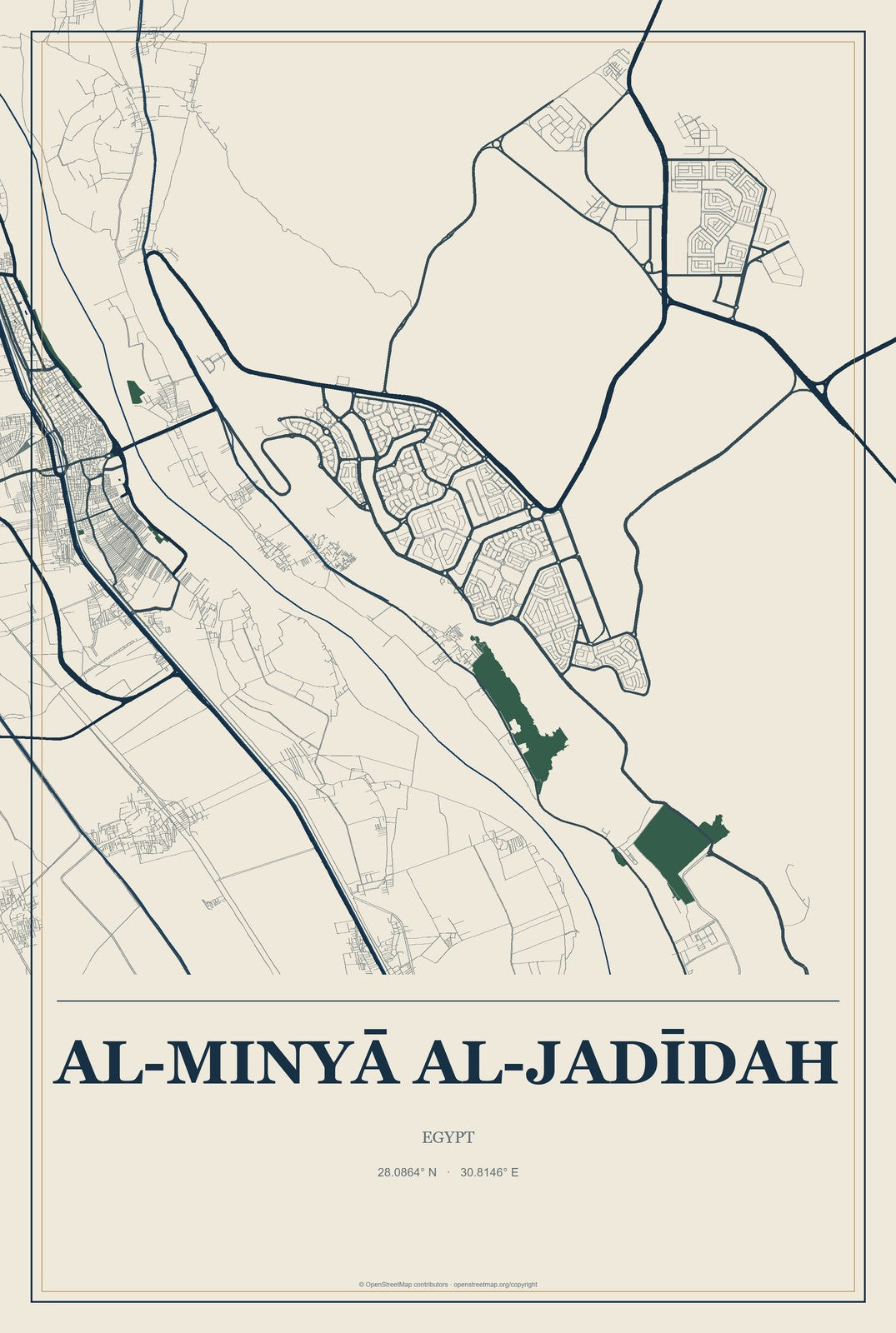 Al-Minyā al-Jadīdah, Egypt City Map Aluminum Sign in Coastal Cutout style