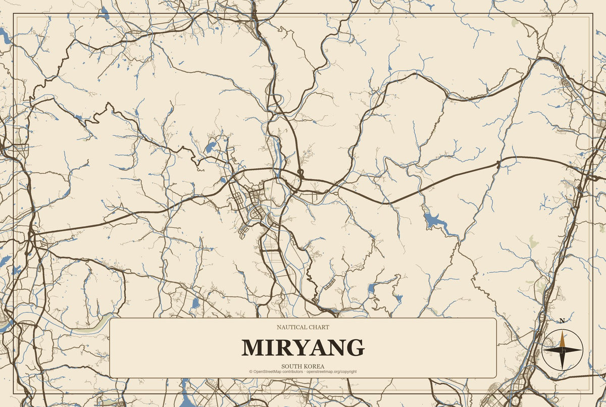 Miryang, South Korea City Map Aluminum Sign in Heritage Nautical style