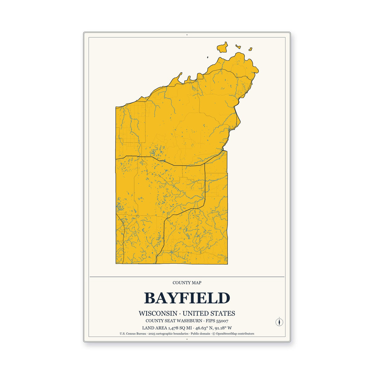 Bayfield County, Wisconsin Map Aluminum Sign in Citrine Modern style