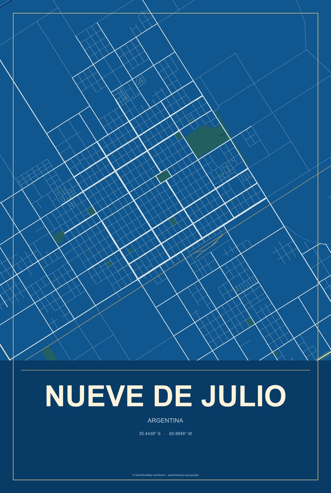 Nueve de Julio, Argentina City Map Aluminum Sign in Harbor Cobalt style