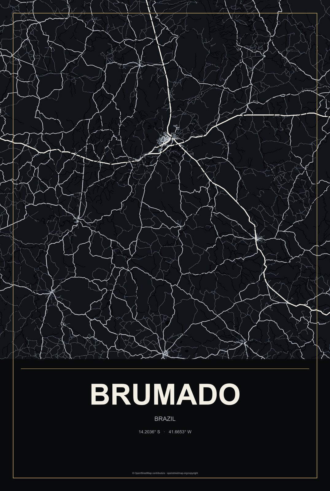 Brumado, Brazil City Map Aluminum Sign in Metropolitan Noir style