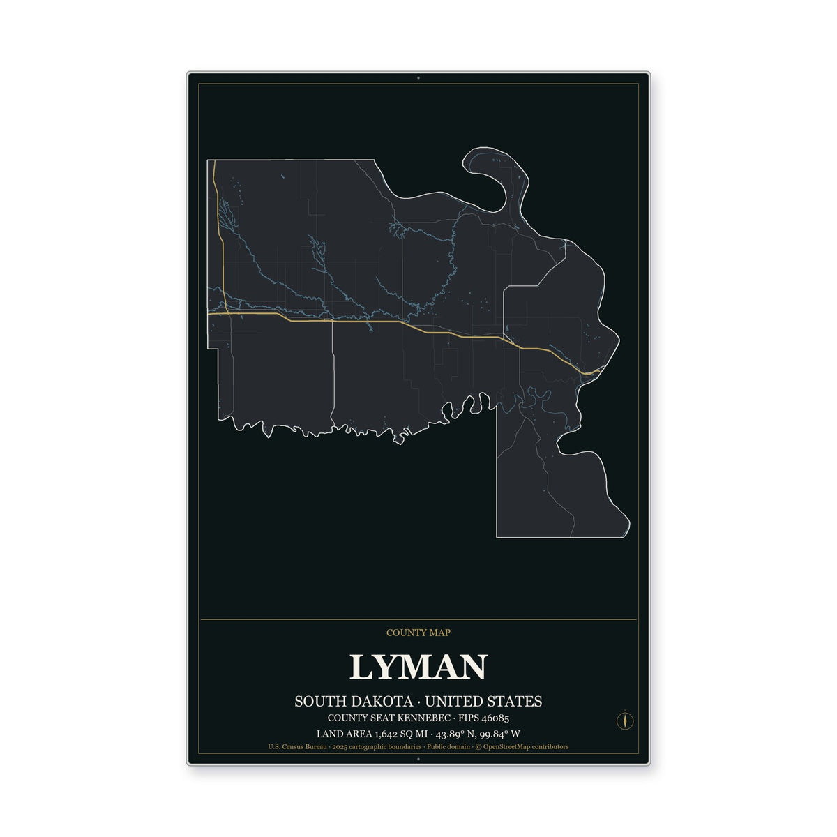 Lyman County, South Dakota Map Aluminum Sign in Metropolitan Noir style