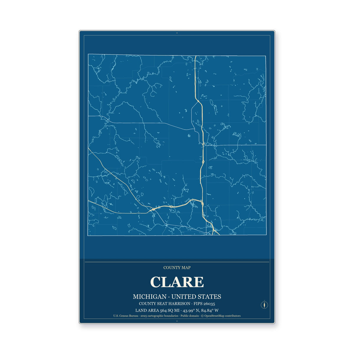 Clare County, Michigan Map Aluminum Sign in Harbor Cobalt style