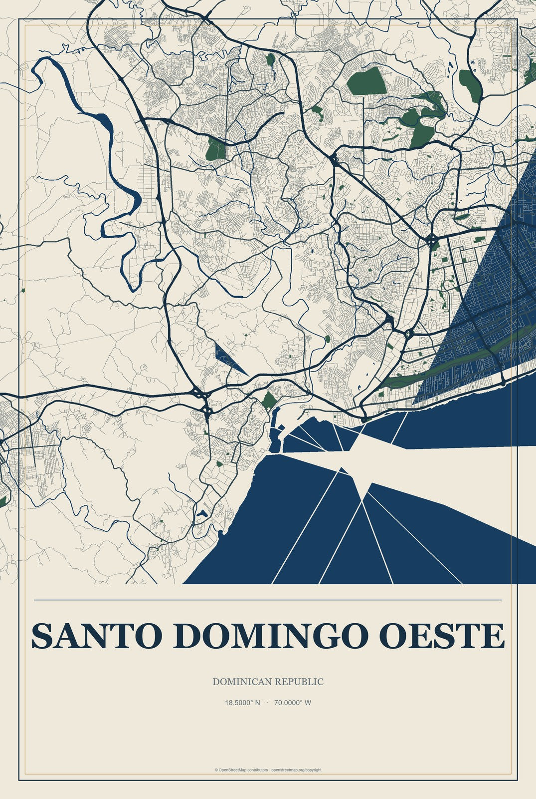 Santo Domingo Oeste, Dominican Republic City Map Aluminum Sign in Coastal Cutout style