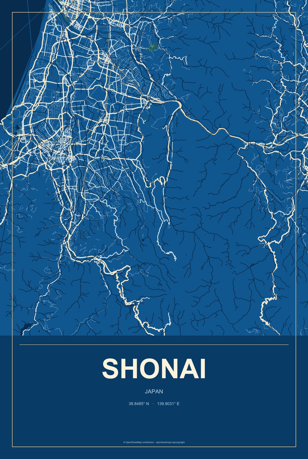 Shonai, Japan City Map Aluminum Sign in Harbor Cobalt style