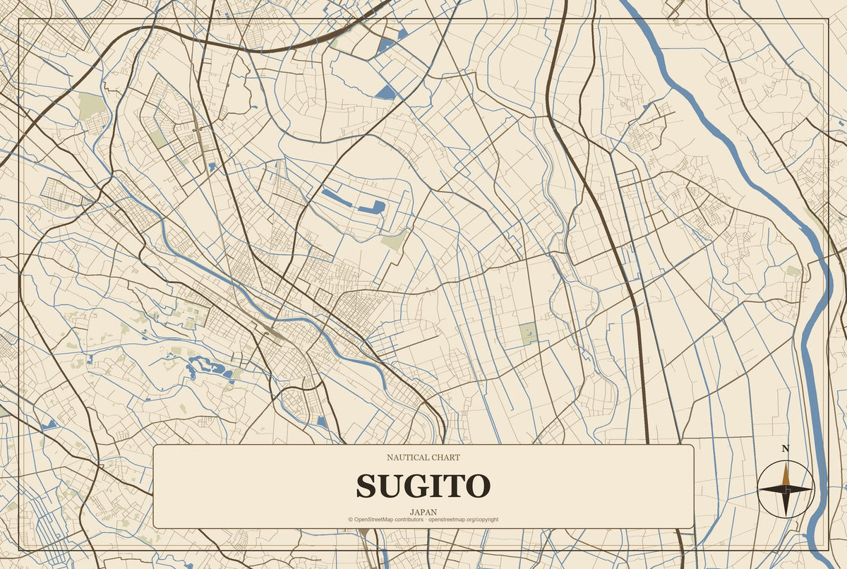 Sugito, Japan City Map Aluminum Sign in Heritage Nautical style