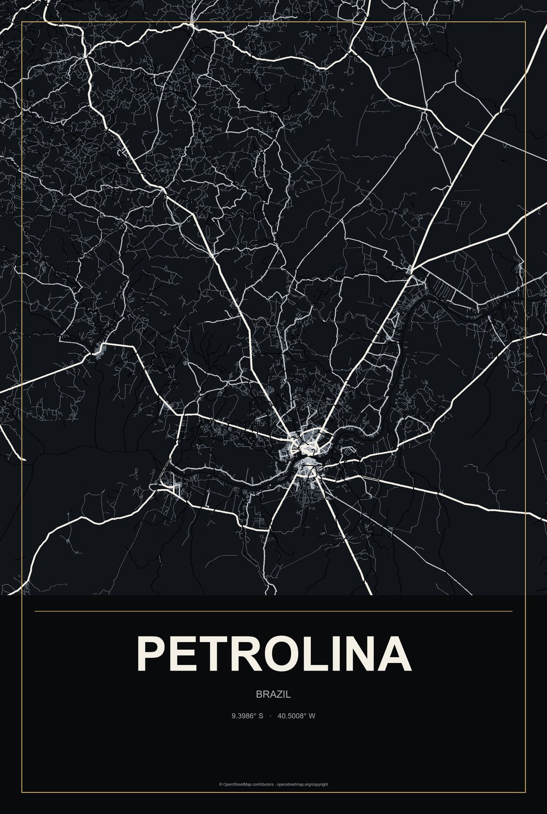 Petrolina, Brazil City Map Aluminum Sign in Metropolitan Noir style