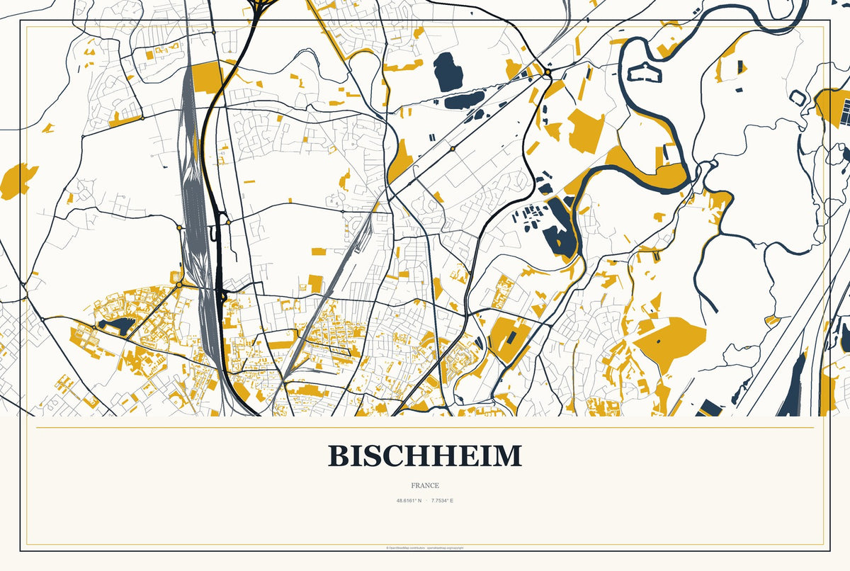 Bischheim, France City Map Aluminum Sign in Citrine Modern style