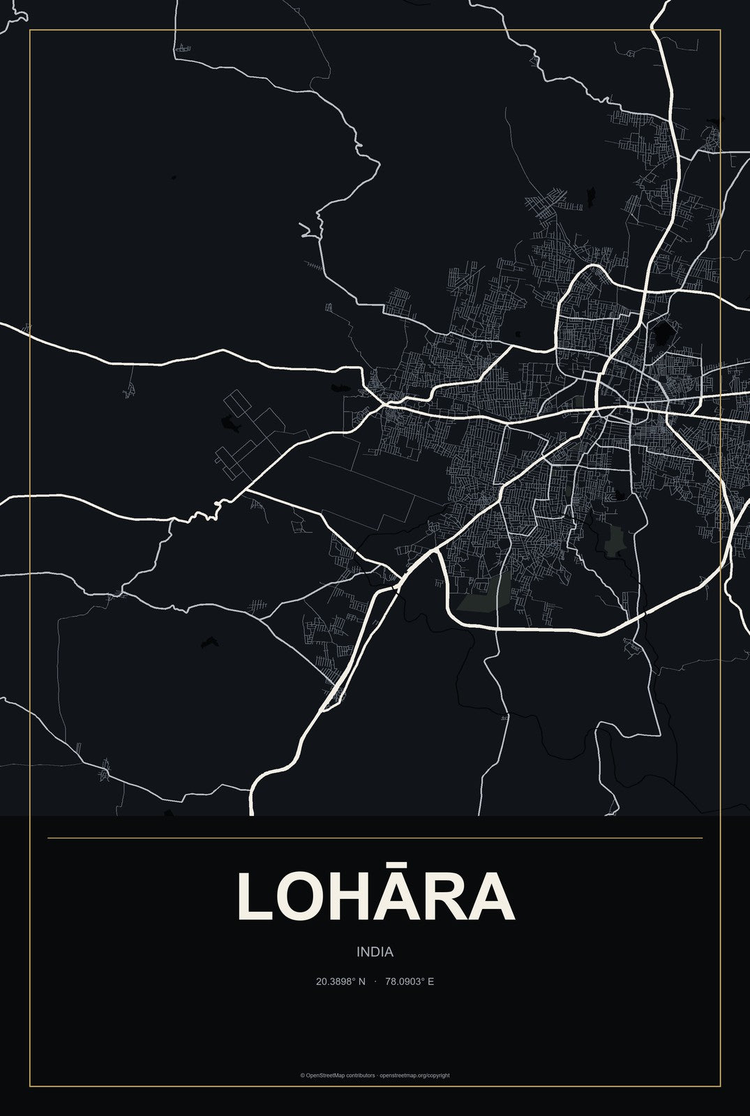 Lohāra, India City Map Aluminum Sign in Metropolitan Noir style