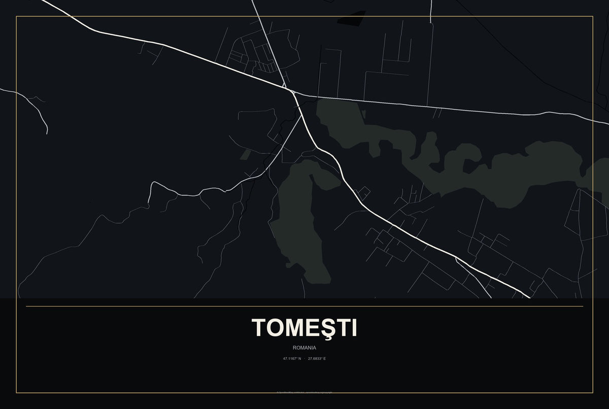 Tomeşti, Romania City Map Aluminum Sign in Metropolitan Noir style
