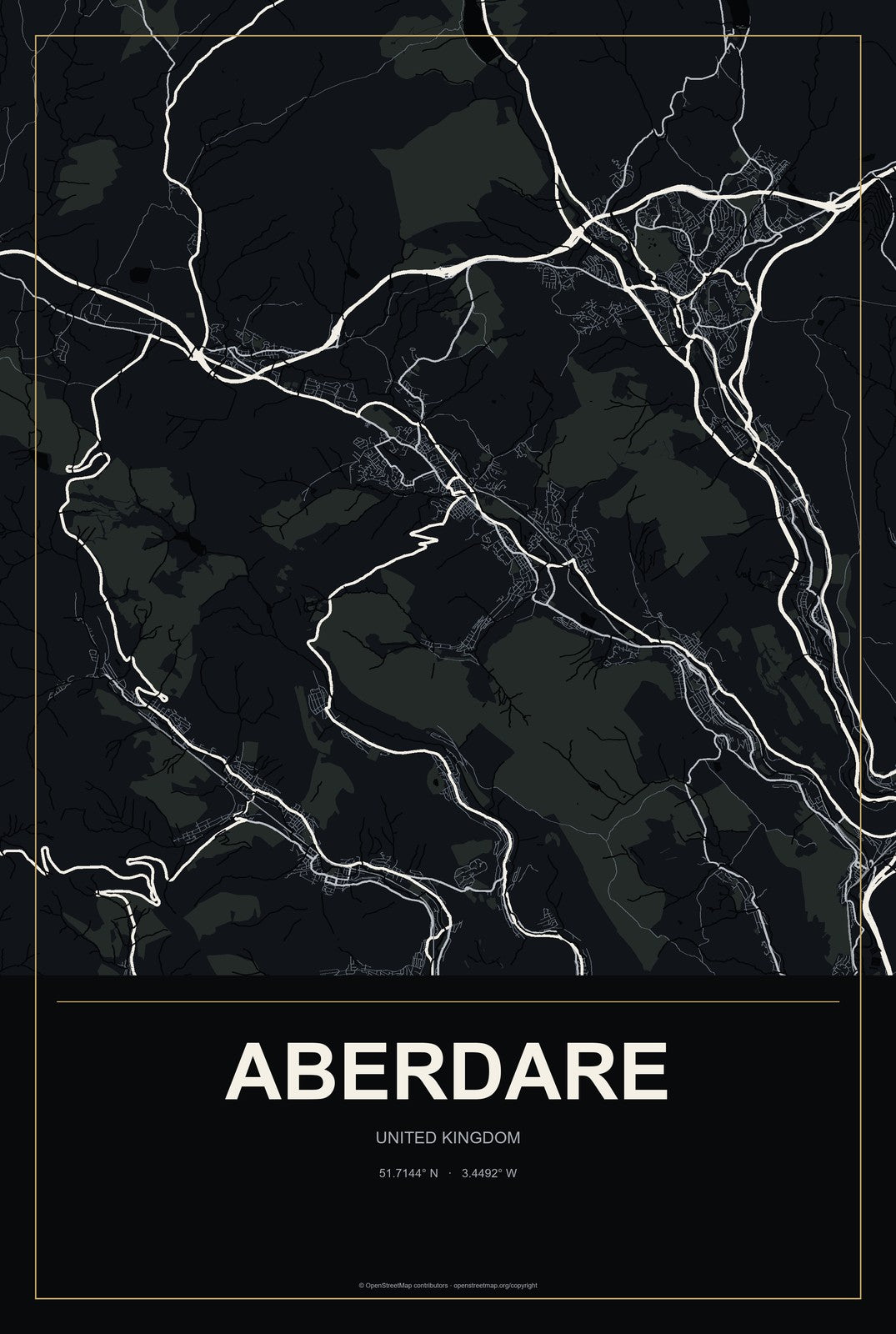 Aberdare, United Kingdom City Map Aluminum Sign in Metropolitan Noir style
