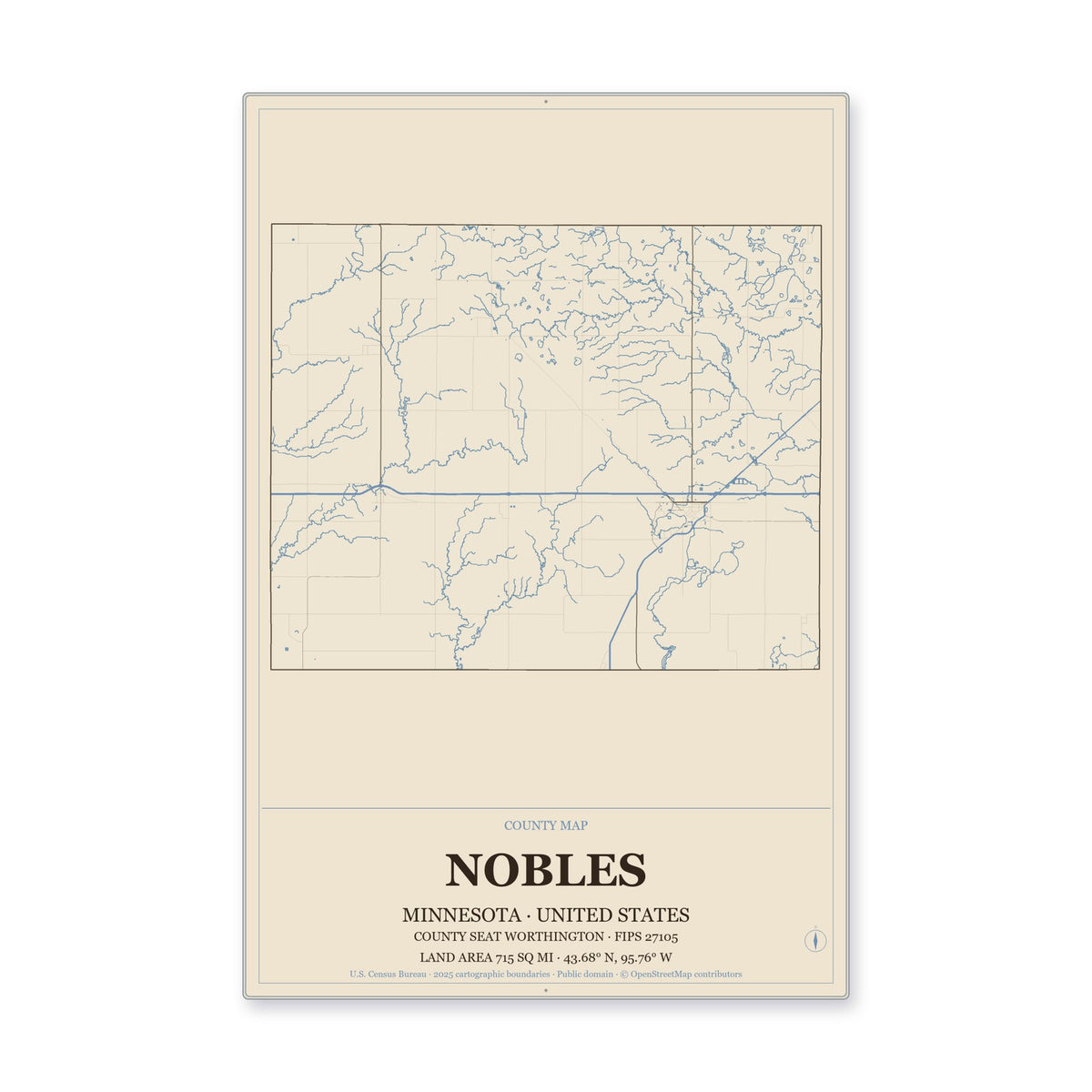 Nobles County, Minnesota Map Aluminum Sign in Heritage Nautical style