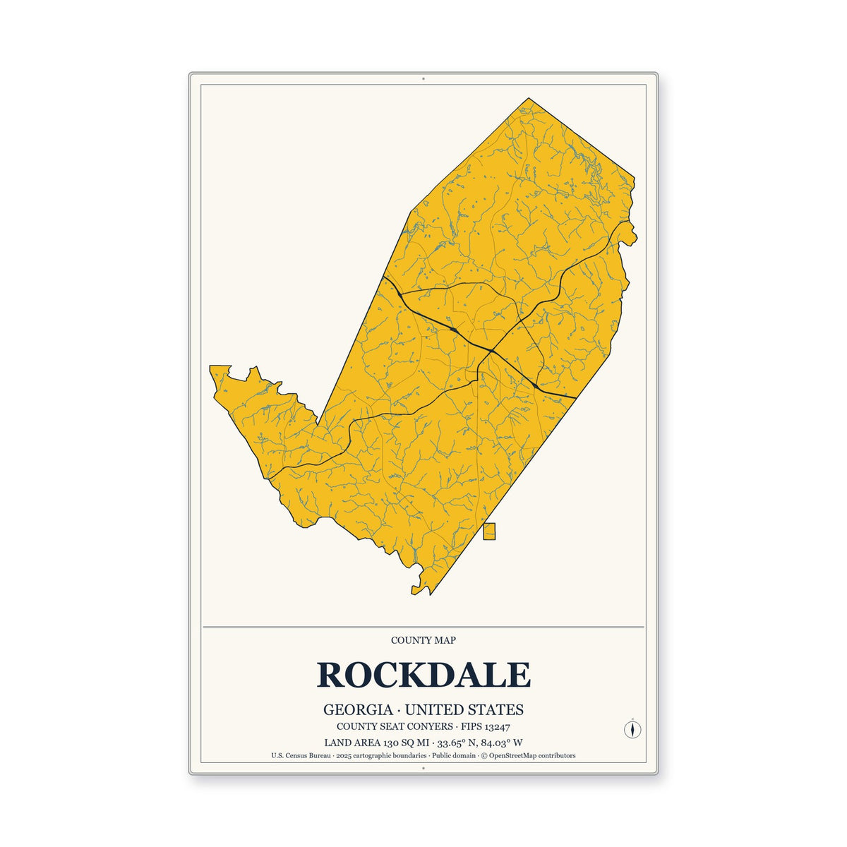 Rockdale County, Georgia Map Aluminum Sign in Citrine Modern style