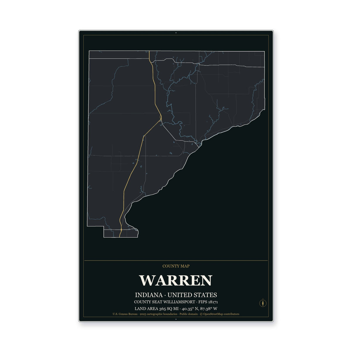 Warren County, Indiana Map Aluminum Sign in Metropolitan Noir style