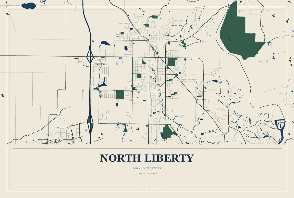 North Liberty, Iowa City Map Aluminum Sign in Coastal Cutout style