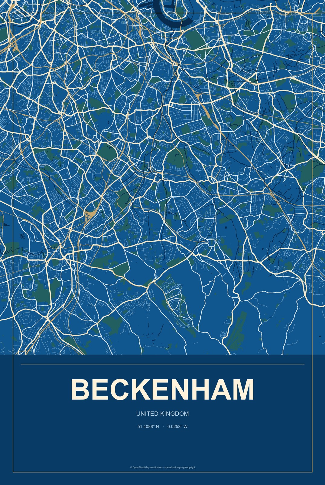 Beckenham, United Kingdom City Map Aluminum Sign in Harbor Cobalt style