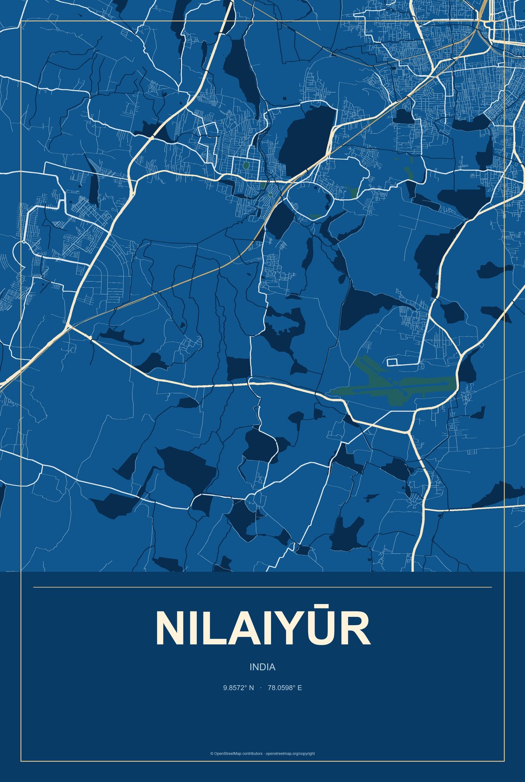 Nilaiyūr, India City Map Aluminum Sign in Harbor Cobalt style