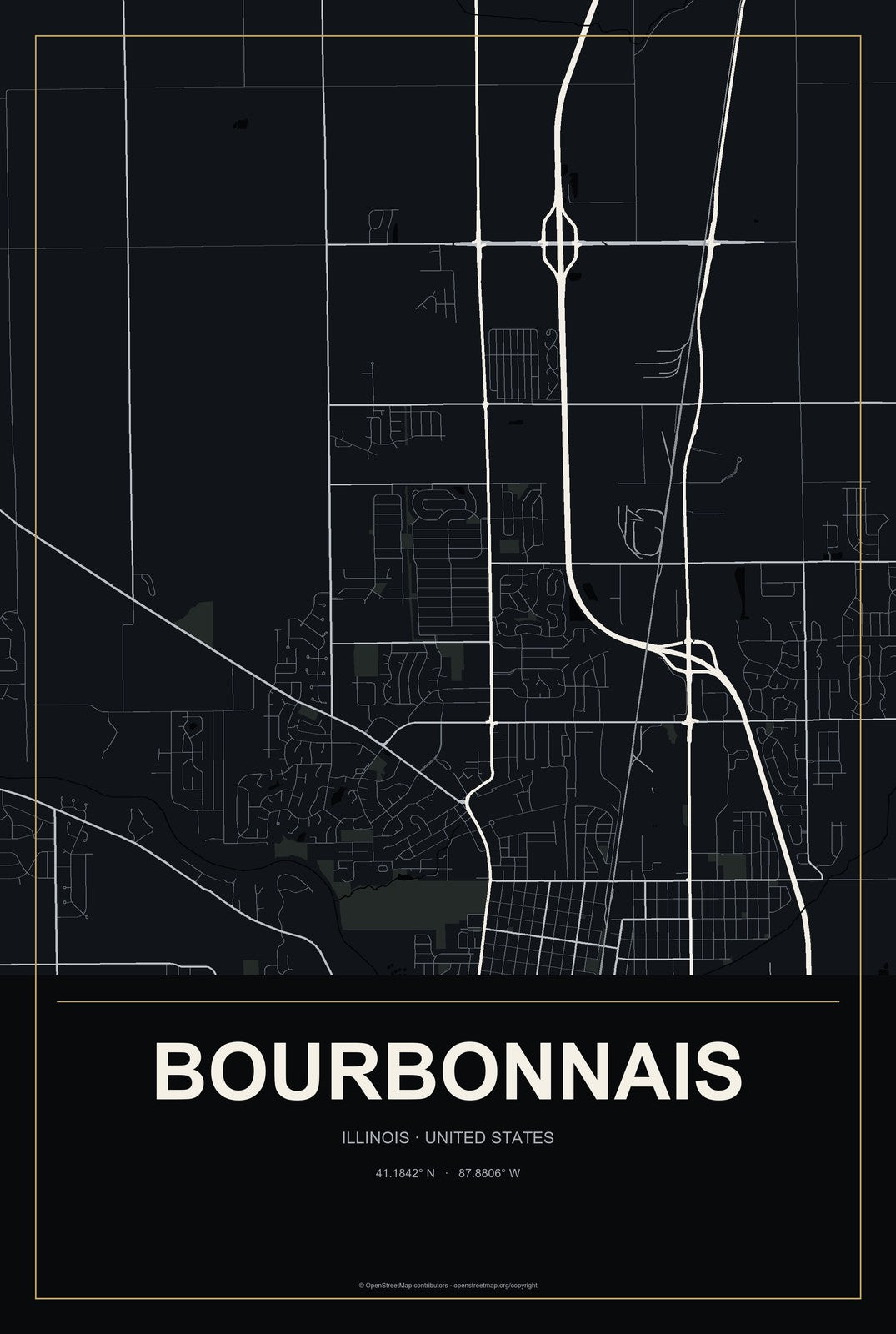 Bourbonnais, Illinois City Map Aluminum Sign in Metropolitan Noir style