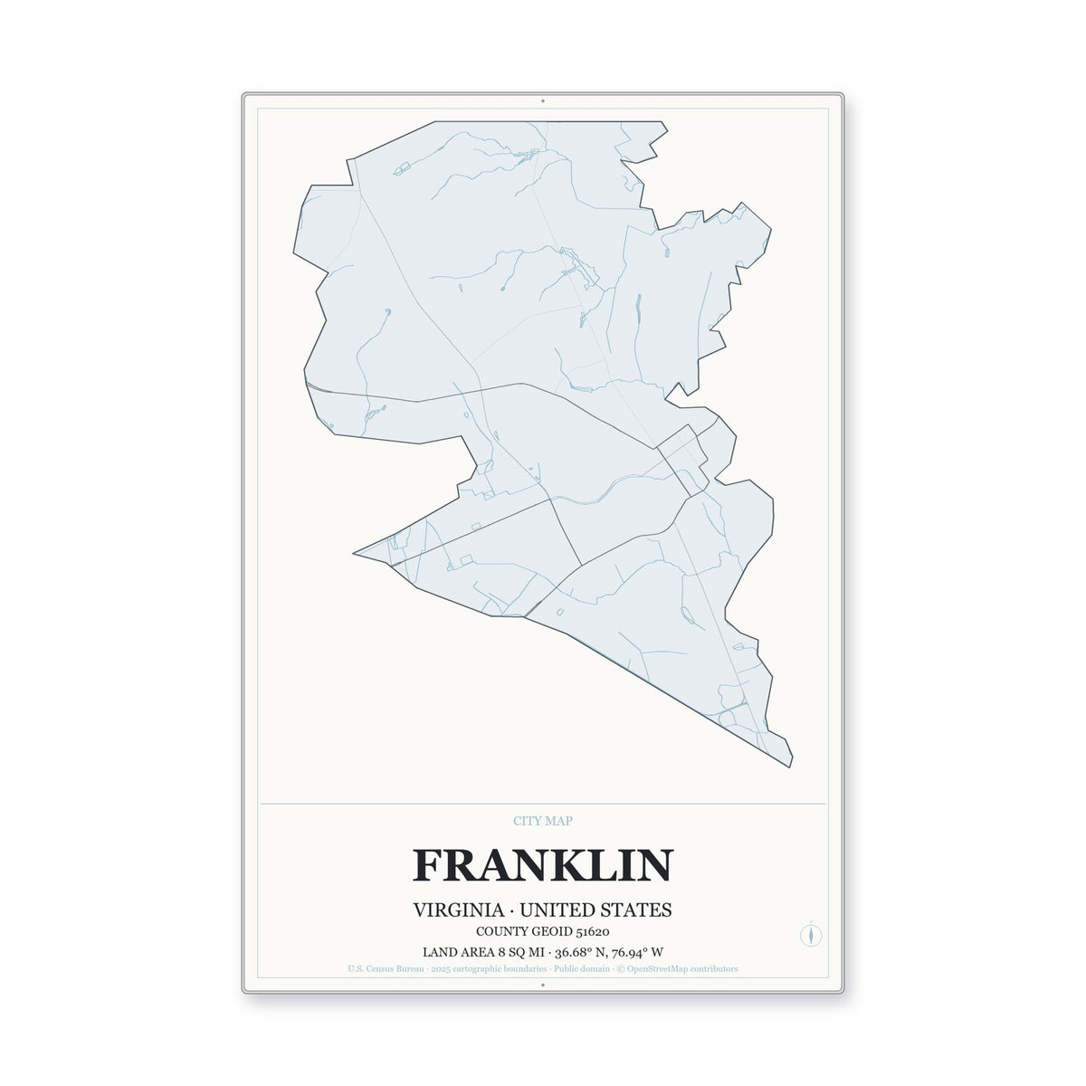 Franklin city, Virginia Map Aluminum Sign in Gallery Air style