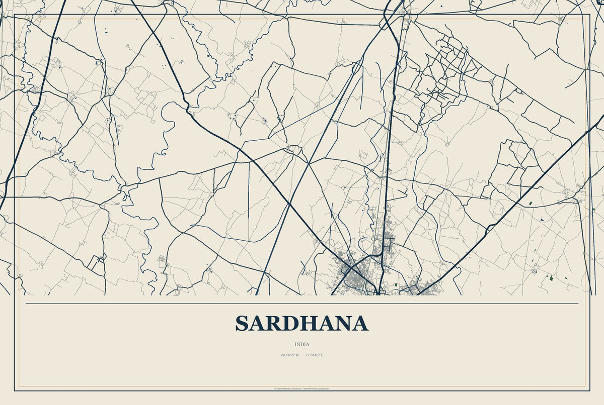 Sardhana, India City Map Aluminum Sign in Coastal Cutout style