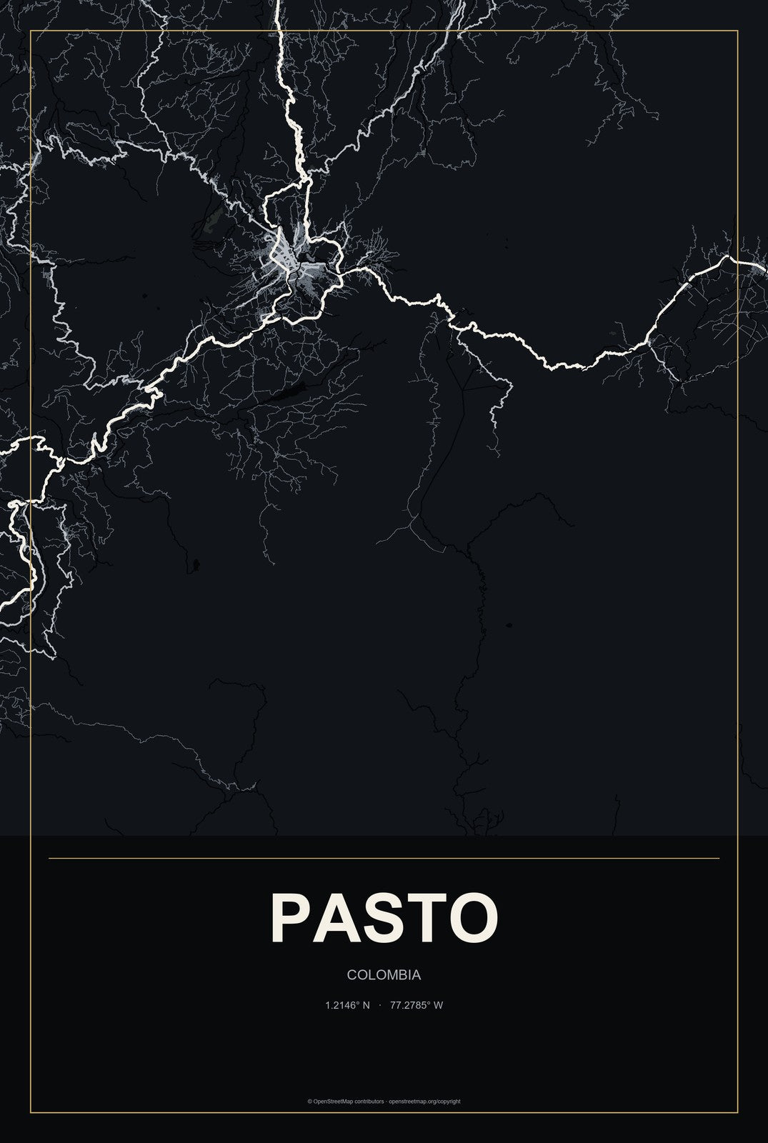Pasto, Colombia City Map Aluminum Sign in Metropolitan Noir style