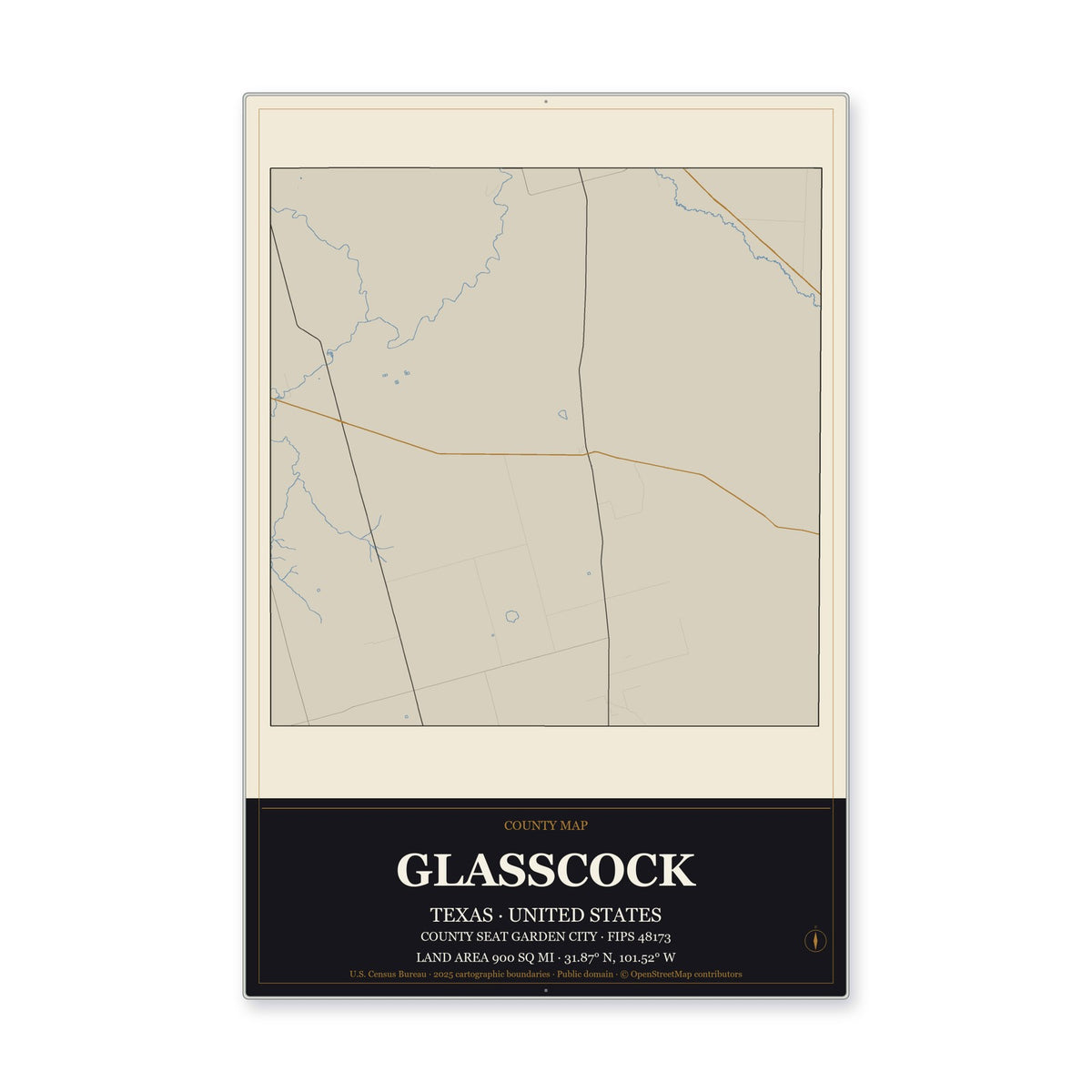 Glasscock County, Texas Map Aluminum Sign in Museum Plaque style