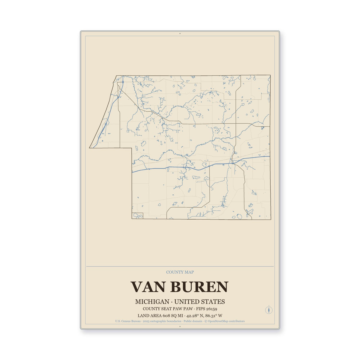 Van Buren County, Michigan Map Aluminum Sign in Heritage Nautical style