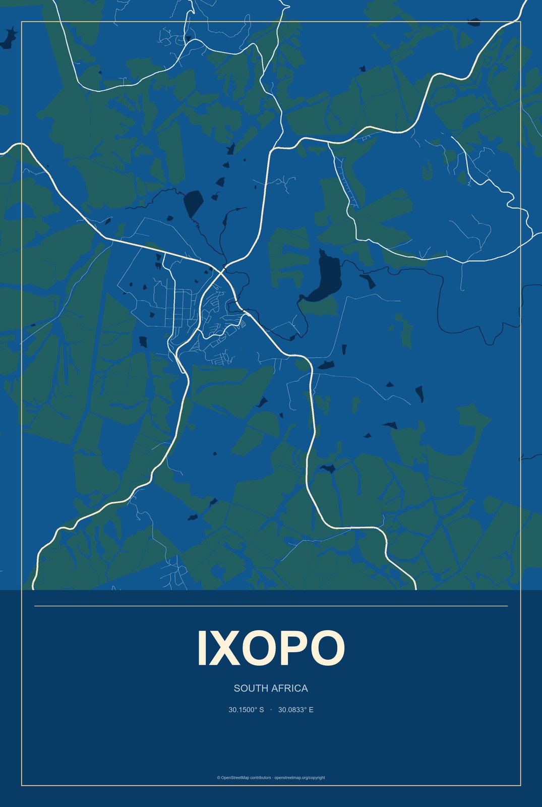 Ixopo, South Africa City Map Aluminum Sign in Harbor Cobalt style