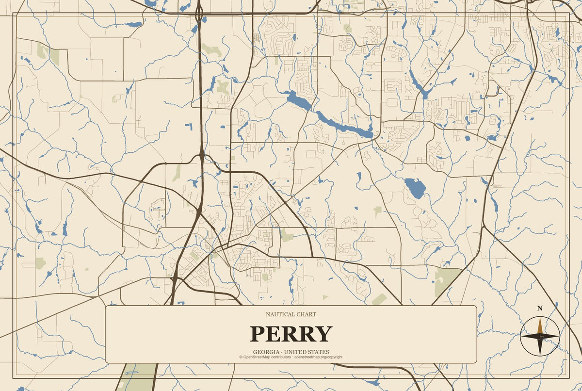 Perry, Georgia City Map Aluminum Sign in Heritage Nautical style